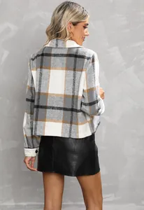 Stylish women's plaid woolen jacket featuring a classic lapel and trendy short cut back view