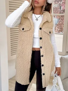Oversized beige sherpa fleece vest with lapel collar and button-down front for women