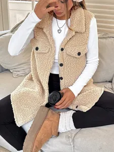 Stylish beige sherpa fleece vest featuring a lapel collar and buttons for autumn winter wear