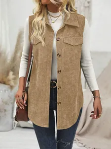 Detail view of khaki corduroy sleeveless vest with lapel and button closure for women