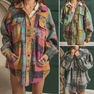 Bunte, übergroße Flanellhemden für Damen mit lässigem Button-Down-Design für den Winter
