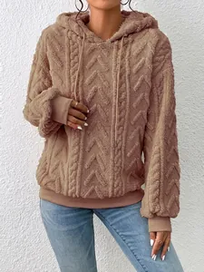 Sudadera cálida con capucha para mujer en franela de felpa camel con diseño de ochos y cordón