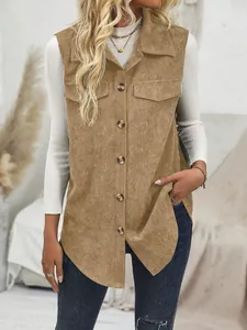 Detail view of women's khaki corduroy vest with button-down lapel and pockets