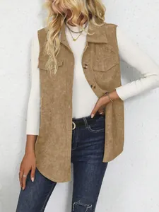 Detail of khaki corduroy vest for women featuring button-up front and classic lapel