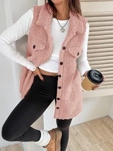 Detailed view of women's pink faux shearling sherpa vest with lapel collar and buttons