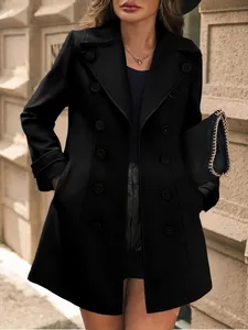 Detailed view of an elegant black double-breasted wool-like coat with stylish buttons