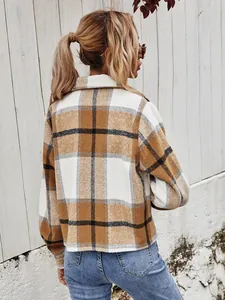 Back view of a stylish brown and white plaid checkered wool-like jacket for women