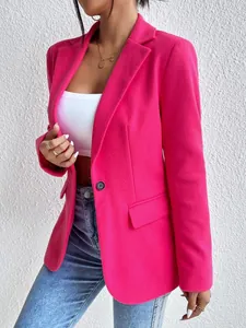 Close-up view of elegant hot pink slim fit woolen blazer jacket for women