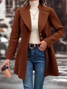 Stylish women's brown slim-fit wool coat with lapel collar for autumn and winter fashion