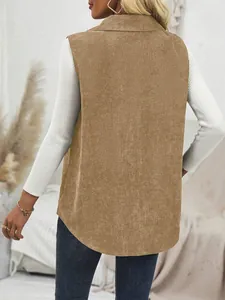 Back view of a women's tan corduroy vest with a lapel collar, casual autumn style