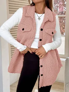 Detailed view of a soft pink faux lamb wool fuzzy vest with lapel and black buttons