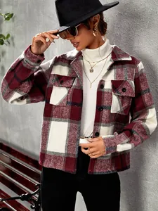 Chic red and white plaid shacket for women featuring classic lapels and chest pockets