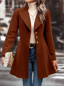 Detailed view of women's slim fit brown woolen coat with lapel collar