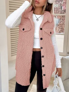 Stylish women's oversized pink faux shearling vest with buttons and lapel collar.