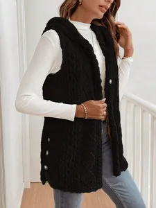 Gilet à capuche noir élégant en polaire sherpa pour femme, veste sans manches décontractée.