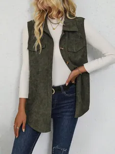 Fashionable women's olive green corduroy vest with lapel collar for autumn wear