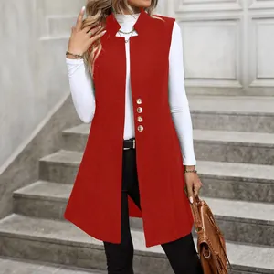 Elegante gilet lungo rosso in lana senza maniche da donna, capospalla autunnale alla moda