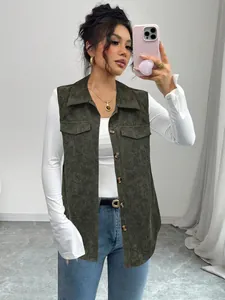 Detail of olive green corduroy vest with button-down front and stylish lapel collar