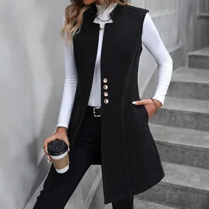Elegante gilet lungo nero senza maniche in lana con bottoni dorati per la moda donna