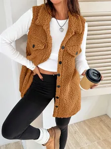 Close-up of cozy brown teddy fleece vest with button closure and lapel collar for women