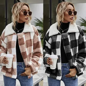 Warme Damen Oversized Karo Fleecejacken mit Reißverschluss in Braun und Grau Top.