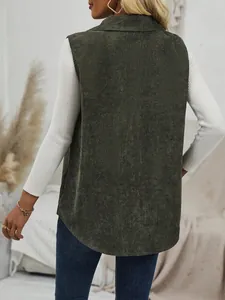 Back view of women's olive green corduroy vest showing fine ribbed texture and lapel.