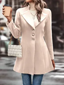 Elegant cream woolen coat with notched lapel and slim fit buttons for women.