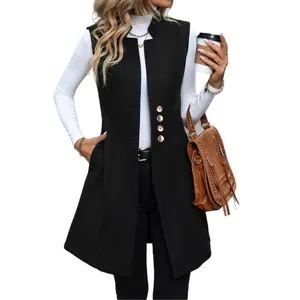 Elegante gilet lungo in lana nero da donna, giacca senza maniche autunno inverno