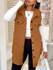 Detail of the fuzzy sherpa vest texture and lapel design worn by a female model.