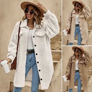 Cozy women's long fuzzy sherpa shacket jacket with lapel and buttons in white and beige