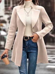 Elegant slim-fit beige wool-like coat featuring a classic lapel collar for winter fashion style.