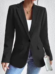 Close-up of elegant black slim-fit wool blazer for professional commuter women