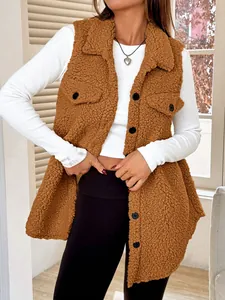 Macro view of brown sherpa fleece texture and button details on a sleeveless vest