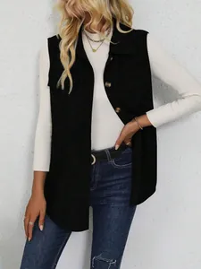 Detailed view of a stylish black corduroy vest for women with collar and buttons