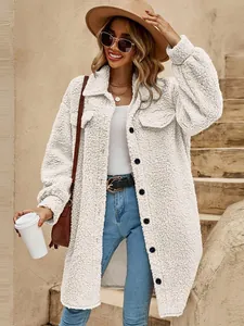 Close-up of women's white fleece long coat with lapel collar and buttons.