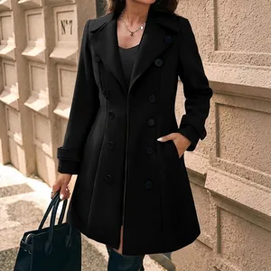 Elegant black mid-length double-breasted wool coat for women featuring a slim fit design