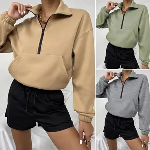 Damen Casual Fleece Sweatshirt Halber Reißverschluss Stehkragen Langarm Einfarbig Locker Warm Herbst Winter Top Pullover