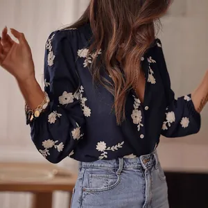 Navy blue embroidered floral blouse with puff sleeves for women, boho casual style