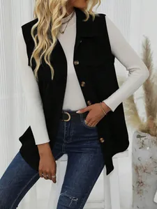 Detailed view of women's black corduroy vest featuring buttons and lapel design