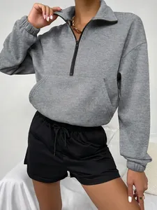 Grauer Fleece-Sweatshirt für Damen mit Reißverschluss, Stehkragen und Tasche