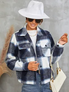 Chic blue and white plaid woolen jacket for women featuring a lapel and single-breasted front