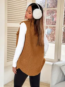 Detailed back view of cozy brown fuzzy faux shearling vest with plush fleece texture