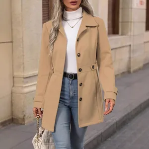 Elegant camel lapel woolen coat for women, slim fit single-breasted design for autumn winter.