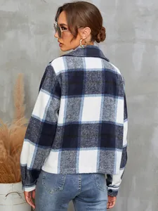 Back view of a blue and white plaid woolen shacket featuring a classic lapel design