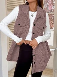 Mauve sherpa fleece vest with lapel collar and front button detail, loose casual fit