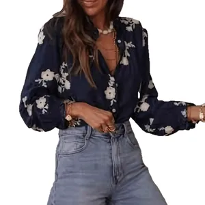 Elegant navy blue floral print blouse with bubble sleeves and ruffled collar for women