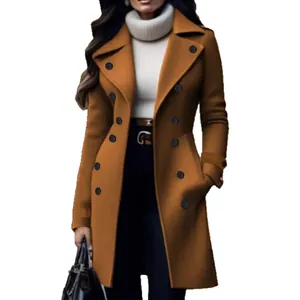 Classic women's double-breasted mid-length wool coat in camel brown slim fit design