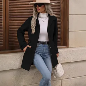 Elegant black lapel woolen coat for women featuring a slim-fit autumn winter street style design
