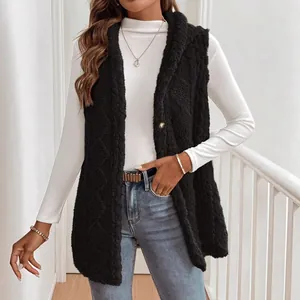 Gilet à capuche élégant en polaire sherpa noire pour femme, mode automne-hiver chic