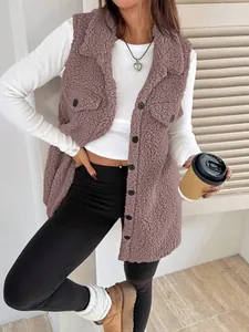 Mauve sherpa fleece vest for women featuring lapel collar and button-down front style.